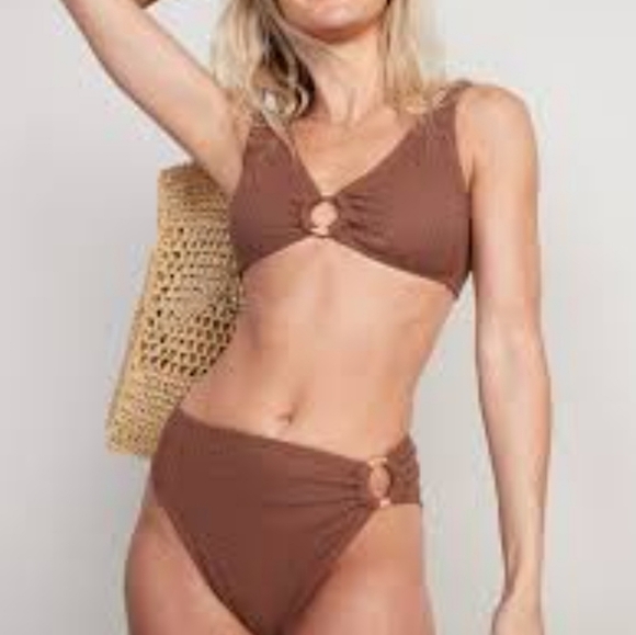 OLDNAVY Mid-Rise Ring Crochet-Knit French-Cut Bikini Swim Bottoms. Brown.S NWT - Picture 2 of 10